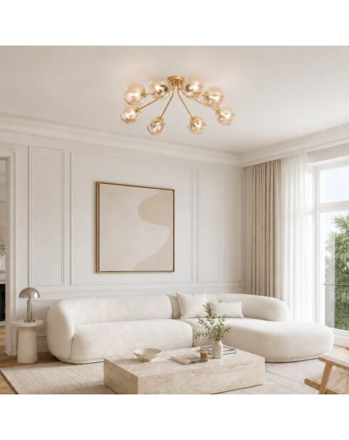 Plafonnier métallique Surbo avec huit diffuseurs en verre laiton - 85 x 80,8 x 28 cm