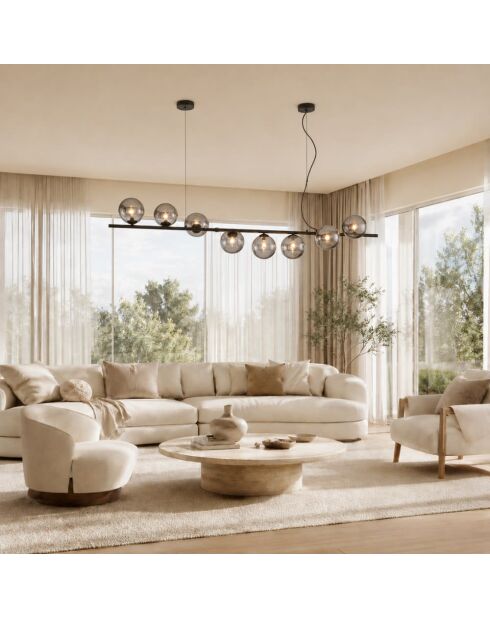 Suspension Surbo en métal avec huit diffuseurs en verre noir - 145 x 33,5 x 15 cm