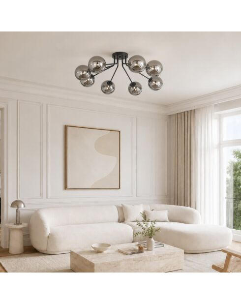 Plafonnier métallique Surbo avec huit diffuseurs en verre noir - 85 x 80,8 x 28 cm