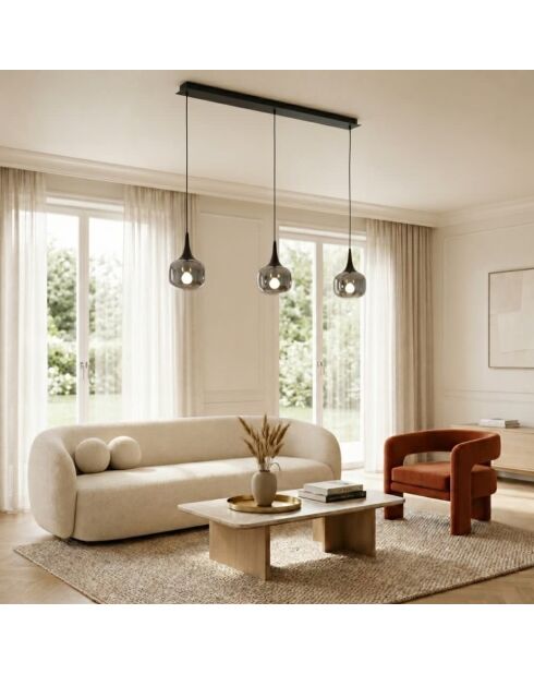 Suspension linéaire Latiano en métal et trois diffuseurs en verre gris/noir - 97 x 14 x 27 cm