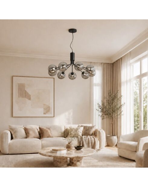 Suspension Surbo en métal avec neuf diffuseurs en verre noir - 83,4 x 83 x 41 cm