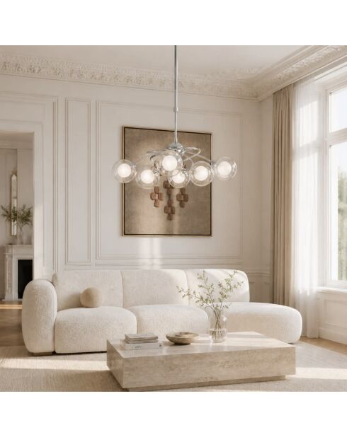 Suspension Roccella en métal chromé avec six diffuseurs en verre chrome - 66 x 66 x 68 cm