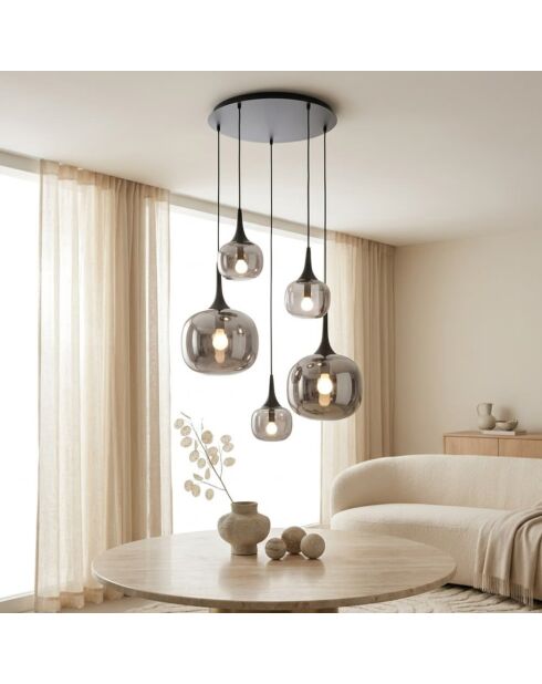 Suspension Latiano en métal et cinq diffuseurs en verre gris/noir - 70 x 70 x 100 cm