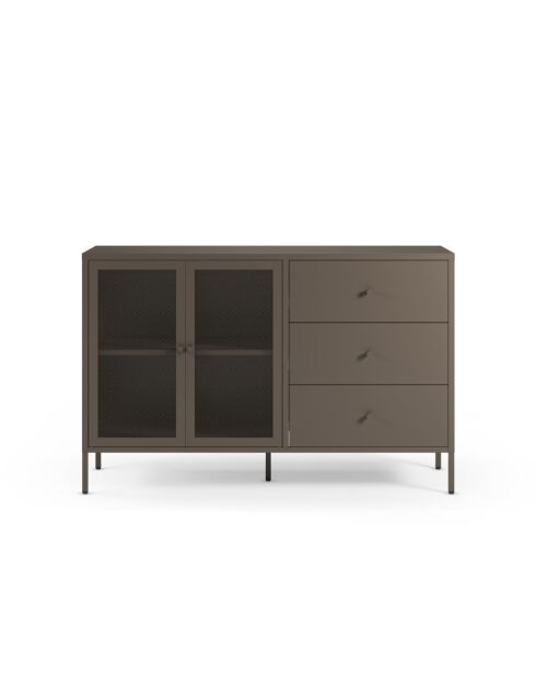 Buffet à 2 portes et 3 tiroirs Veroli en métal perforé moka - 140 x 40 x 90 cm