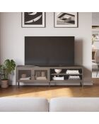 Meuble TV à 2 portes et 2 étagères en métal perforé moka - 160 x 35 x 50 cm