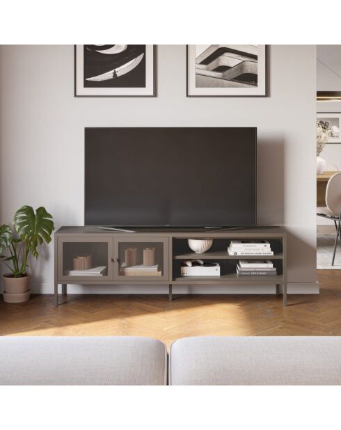 Meuble TV à 2 portes et 2 étagères en métal perforé moka - 160 x 35 x 50 cm