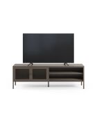 Meuble TV à 2 portes et 2 étagères en métal perforé moka - 160 x 35 x 50 cm