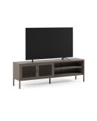 Meuble TV à 2 portes et 2 étagères en métal perforé moka - 160 x 35 x 50 cm