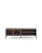 Meuble TV à 2 portes et 2 étagères en métal perforé moka - 160 x 35 x 50 cm