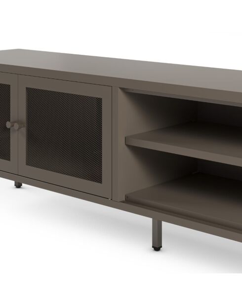 Meuble TV à 2 portes et 2 étagères en métal perforé moka - 160 x 35 x 50 cm