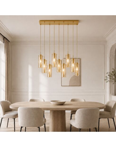 Suspension Dorgali en métal avec neuf diffuseurs en verre doré - 90 x 30 x 42,2 cm