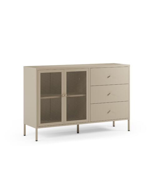Buffet à 2 portes et 3 tiroirs Veroli en métal perforé sable - 140 x 40 x 90 cm