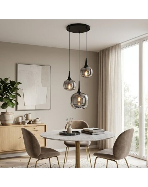 Suspension Latiano en métal et trois diffuseurs en verre gris/noir - 39 x 39 x 73 cm
