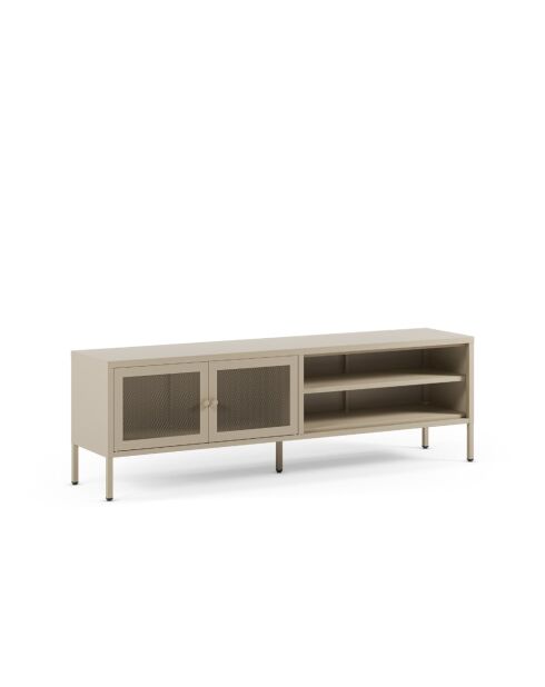 Meuble TV à 2 portes et 2 étagères en métal perforé sable - 160 x 35 x 50 cm