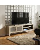 Meuble TV à 2 portes et 2 étagères en métal perforé sable - 160 x 35 x 50 cm