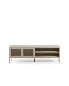 Meuble TV à 2 portes et 2 étagères en métal perforé sable - 160 x 35 x 50 cm
