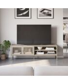 Meuble TV à 2 portes et 2 étagères en métal perforé sable - 160 x 35 x 50 cm