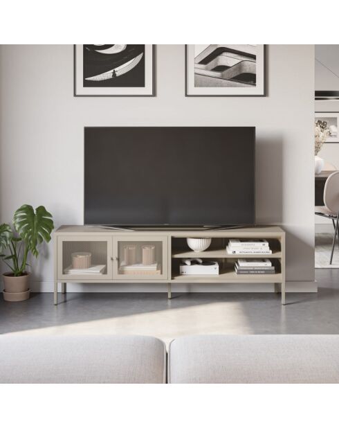 Meuble TV à 2 portes et 2 étagères en métal perforé sable - 160 x 35 x 50 cm