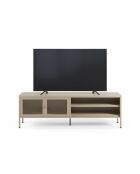 Meuble TV à 2 portes et 2 étagères en métal perforé sable - 160 x 35 x 50 cm