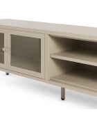 Meuble TV à 2 portes et 2 étagères en métal perforé sable - 160 x 35 x 50 cm