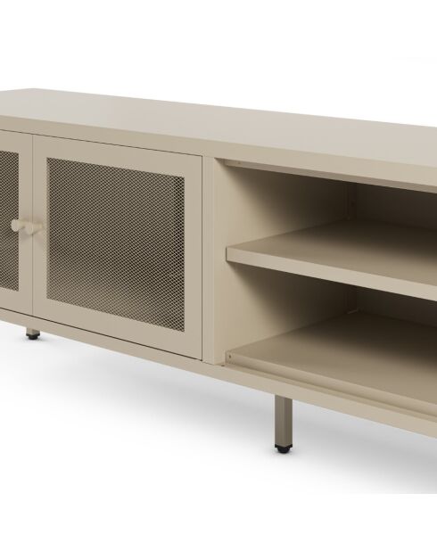 Meuble TV à 2 portes et 2 étagères en métal perforé sable - 160 x 35 x 50 cm