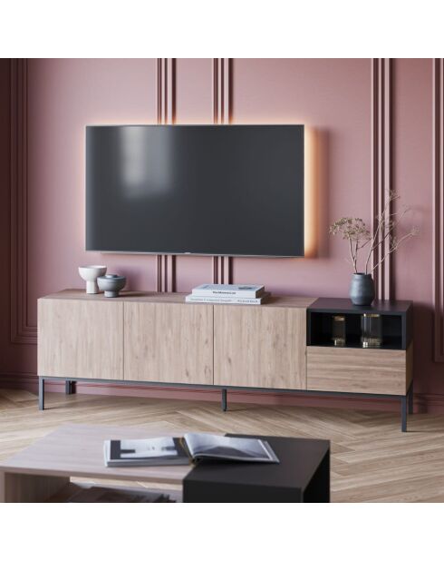 Meuble TV à 3 portes et 1 étagère Sapri en stratifié structure métallique brun/noir - 180 x 40 x 55 cm