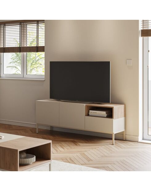 Meuble TV à 2 portes et 1 étagère Sapri en stratifié structure métallique crème/marron - 140 x 42 x 55 cm