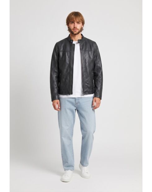 Veste de motarde en cuir Ledion noire