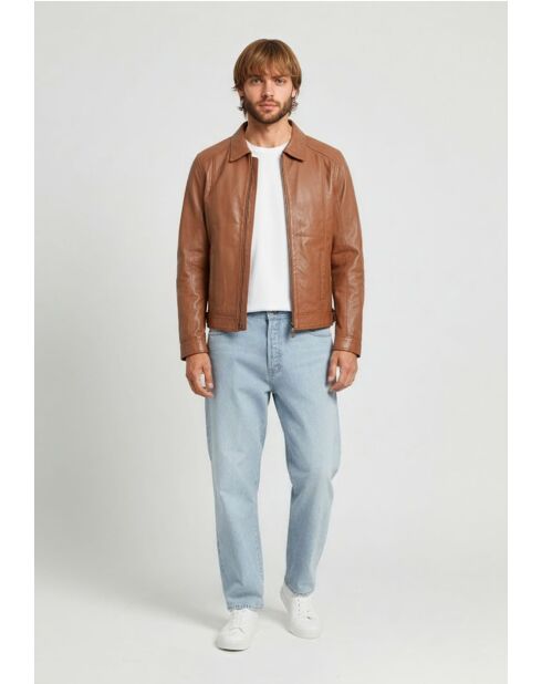 Veste à col chemise en cuir Lounis cognac