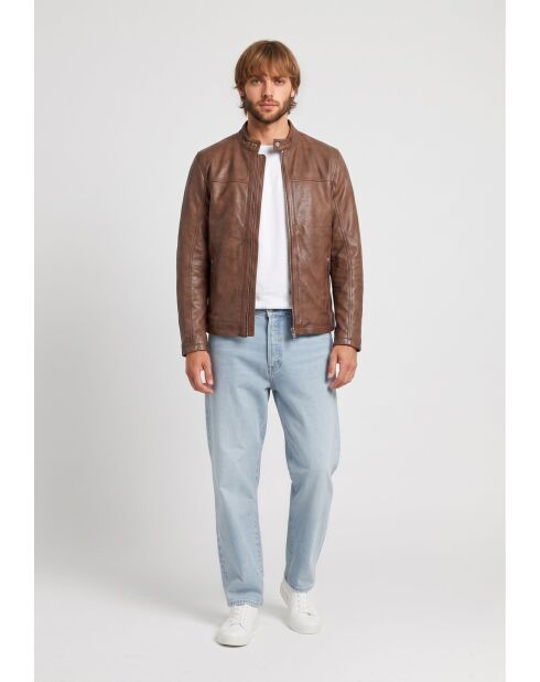 Veste de motarde en cuir Ledion cognac