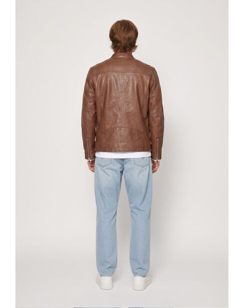 Veste de motarde en cuir Ledion cognac