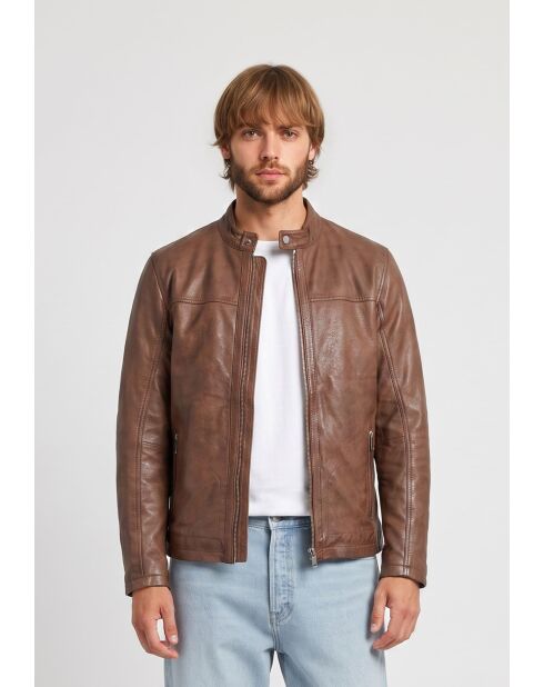 Veste de motarde en cuir Ledion cognac