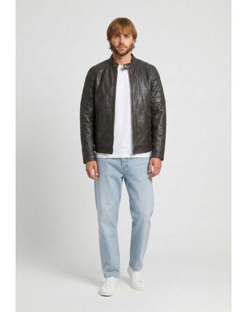 Veste de motarde en cuir Leeron marron