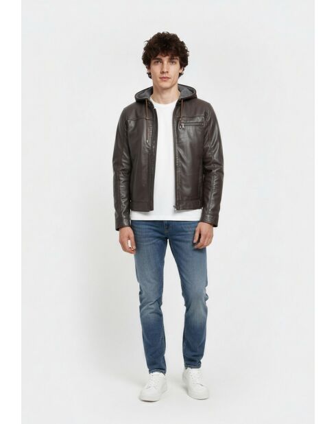 Veste à capuche en cuir Loevan marron