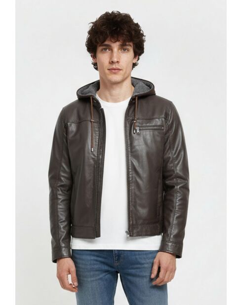 Veste à capuche en cuir Loevan marron