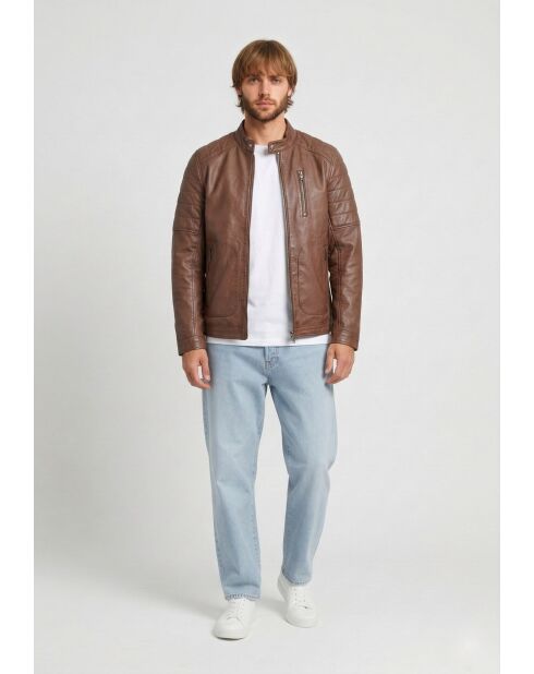Veste de motarde en cuir Leeron cognac
