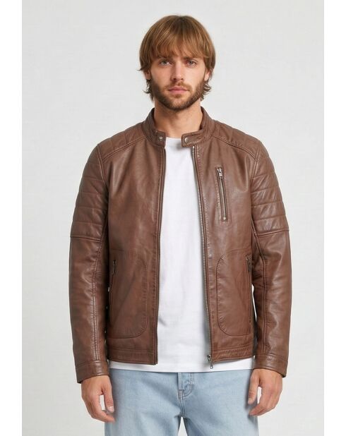 Veste de motarde en cuir Leeron cognac