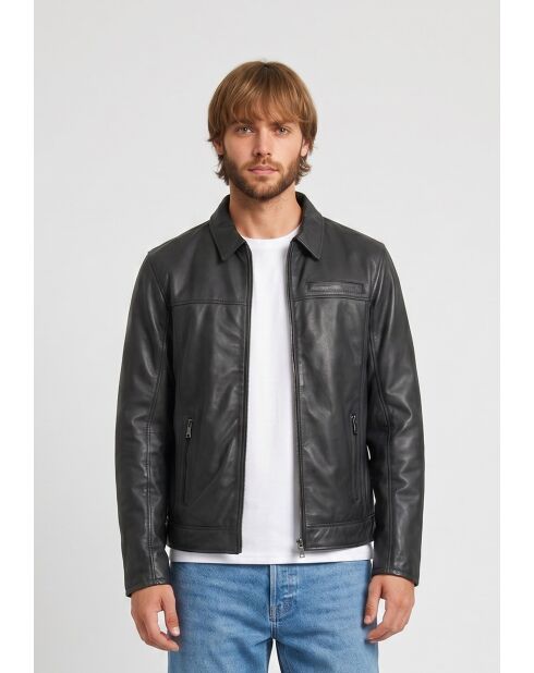Veste à col chemise en cuir Lyoric noir