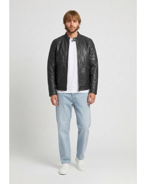 Veste de motarde en cuir Leeron noire