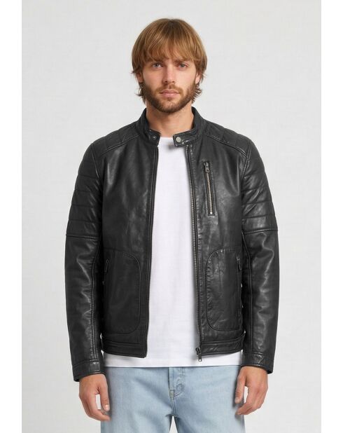 Veste de motarde en cuir Leeron noire