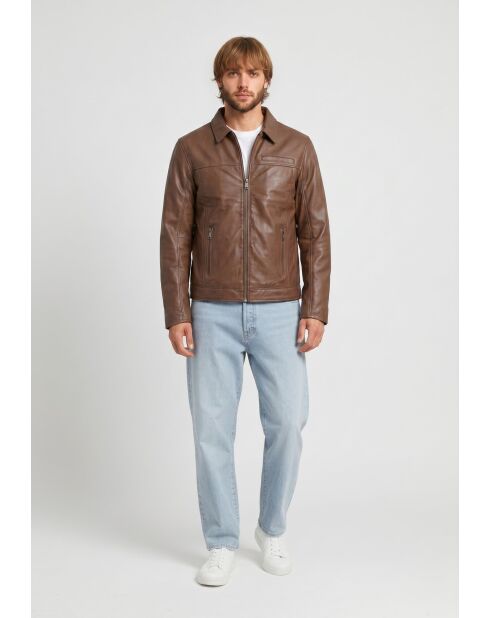 Veste à col chemise en cuir Lyoric cognac