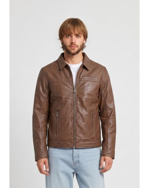 Veste à col chemise en cuir Lyoric cognac