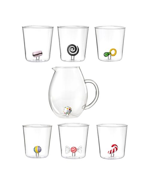 Lot de 6 verres et carafe personnages différents transparent