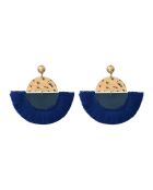 Pendientes Victory de acero inoxidable con flecos de algodón teñidos en dorado y azul