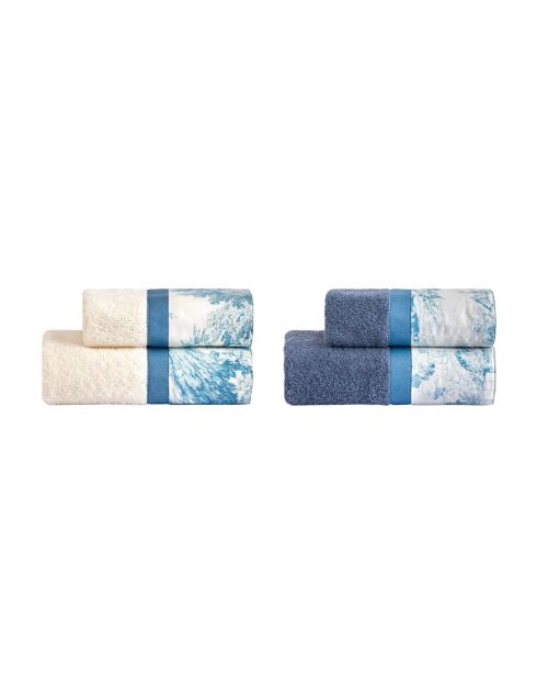 Lot de 4 serviettes éponges visage , invité en coton Toile de Jouy octane - 110x60 + 60x40 cm
