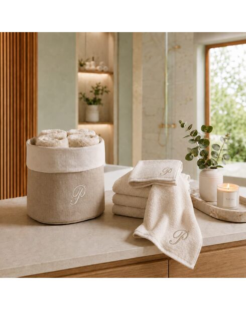 Panier + 4 gants de toilette en coton Zahra P ivoire - 30x30 cm