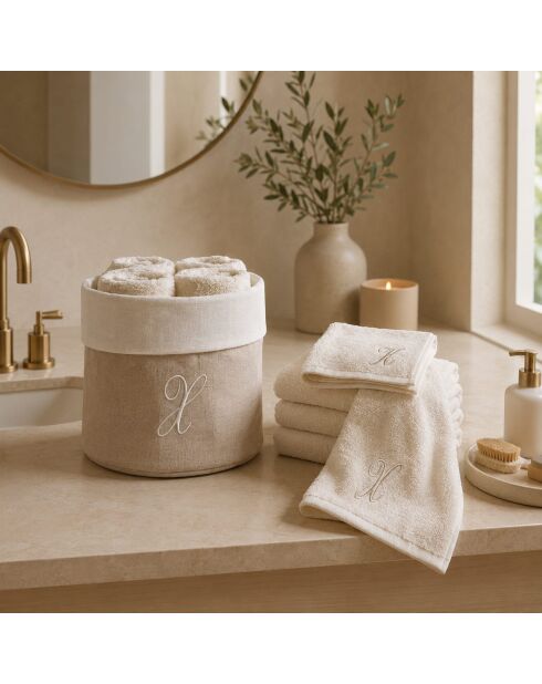 Panier + 4 gants de toilette en coton Zahra X ivoire - 30x30 cm