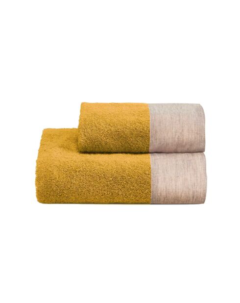 Lot de 2 serviettes éponges visage , invité Washed bronze jaune - 110x60 + 60x40 cm