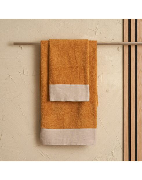 Lot de 2 serviettes éponges visage , invité Washed bronze jaune - 110x60 + 60x40 cm