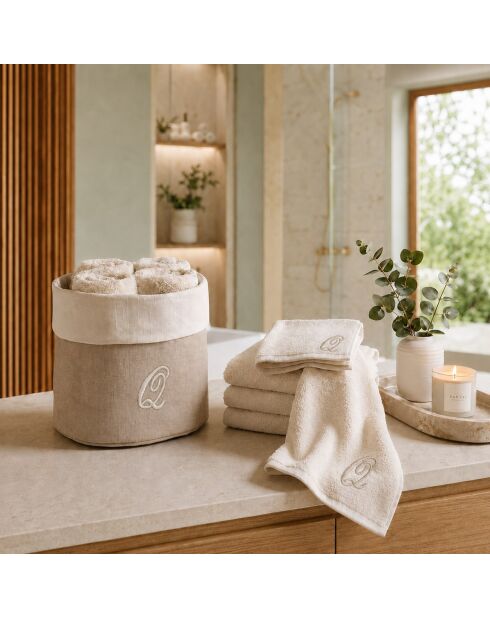 Panier + 4 gants de toilette en coton Zahra Q ivoire - 30x30 cm